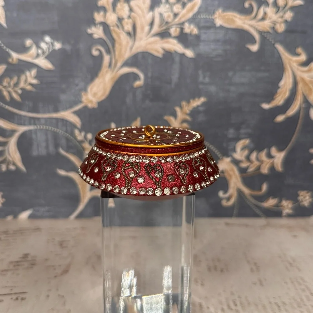 Vintage Red Jeweled Trinket Box Rhinestone Enamel Ormolu Round Casket